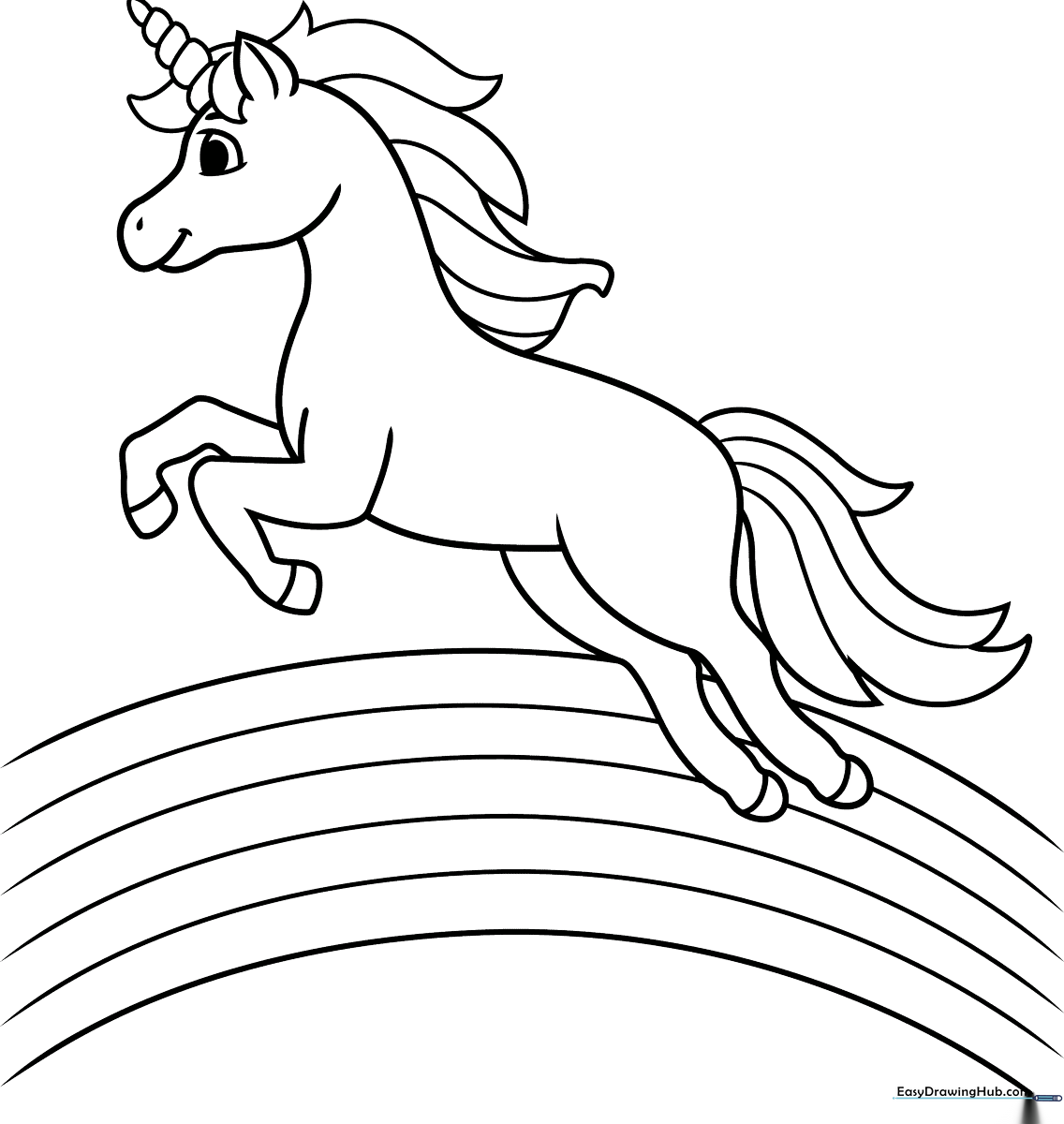 Black and white line art of a playful unicorn mid-leap, featuring a flowing mane and tail, designed for children to color.