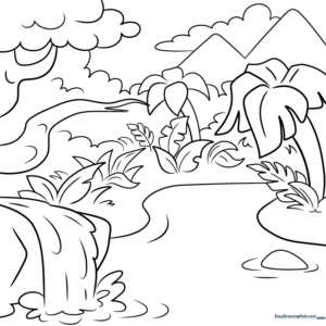 Black and white line art of a dense jungle landscape featuring tropical trees, broad leaves, and vines, ready for coloring.