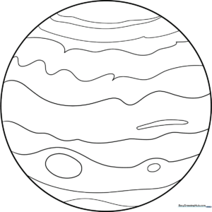 Black and white line art of planet Jupiter with visible cloud bands and a large storm spot, designed for children to color.