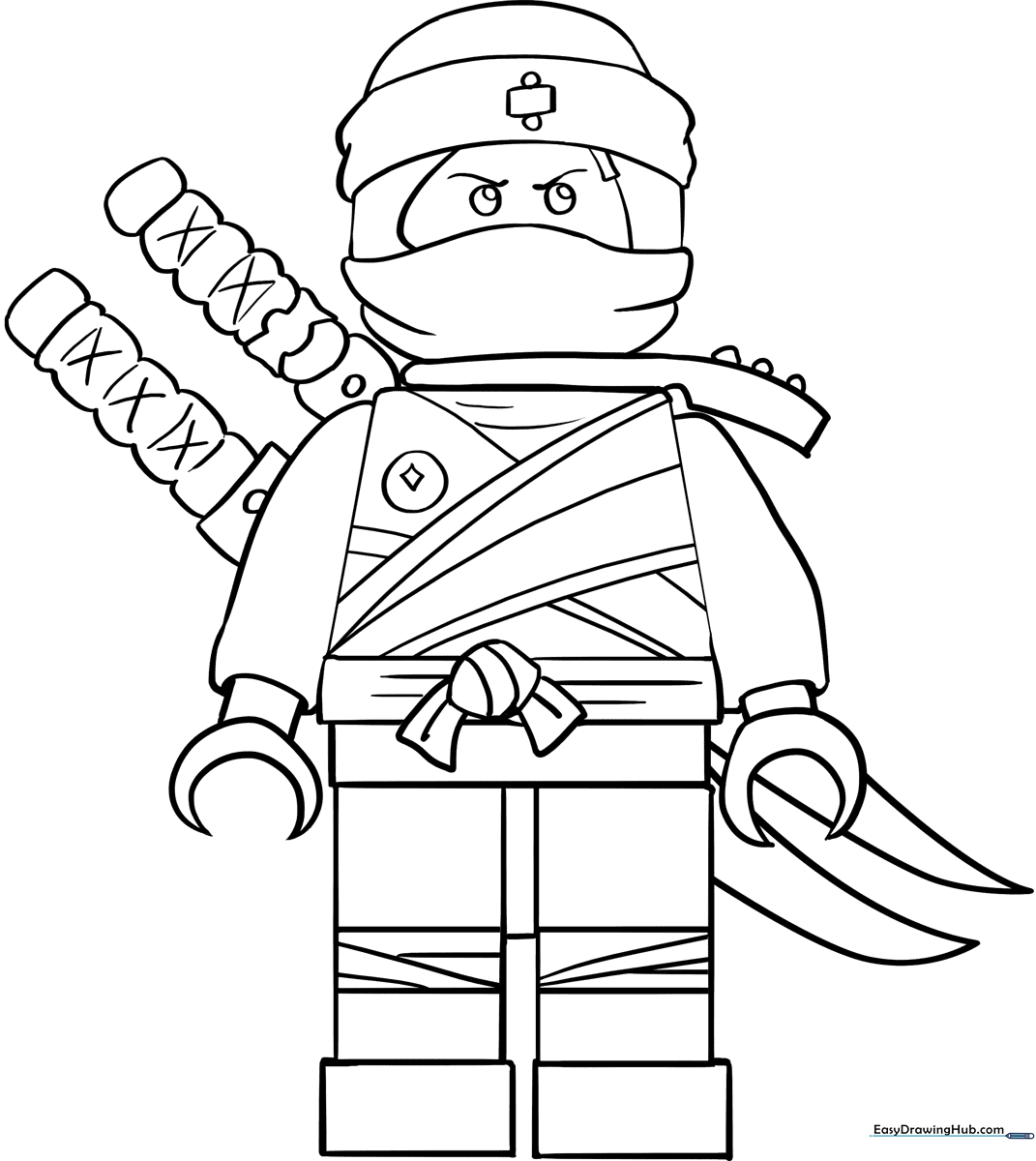 Black and white line art of Kai from Ninjago in a dynamic ninja pose, ready for coloring with crayons or markers.