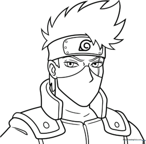 Black and white line art of Kakashi Hatake from Naruto, featuring his signature headband and mask, ready for coloring.