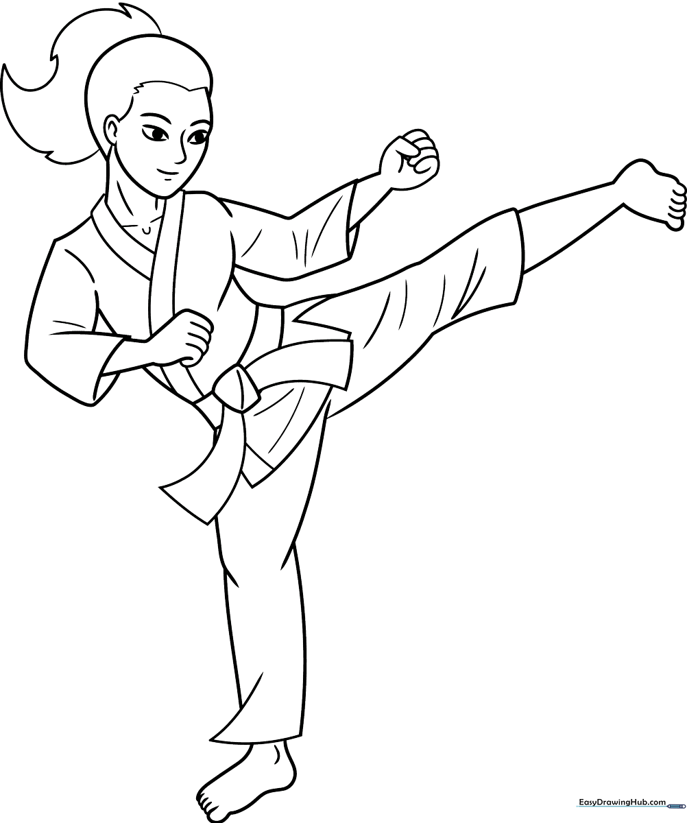 Line art illustration of a child in a karate gi performing a martial arts stance, featuring clear outlines for easy coloring.