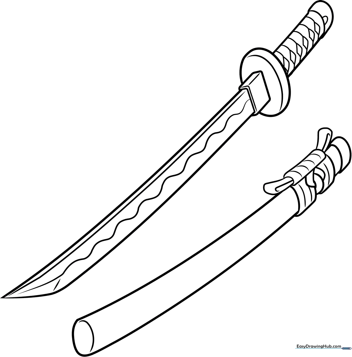Black and white line art of a traditional Katana sword with a wrapped handle and curved blade, designed for children to color.
