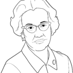 Detailed line art illustration of Katherine Johnson for coloring, featuring her professional attire and a friendly expression suitable for educational projects.