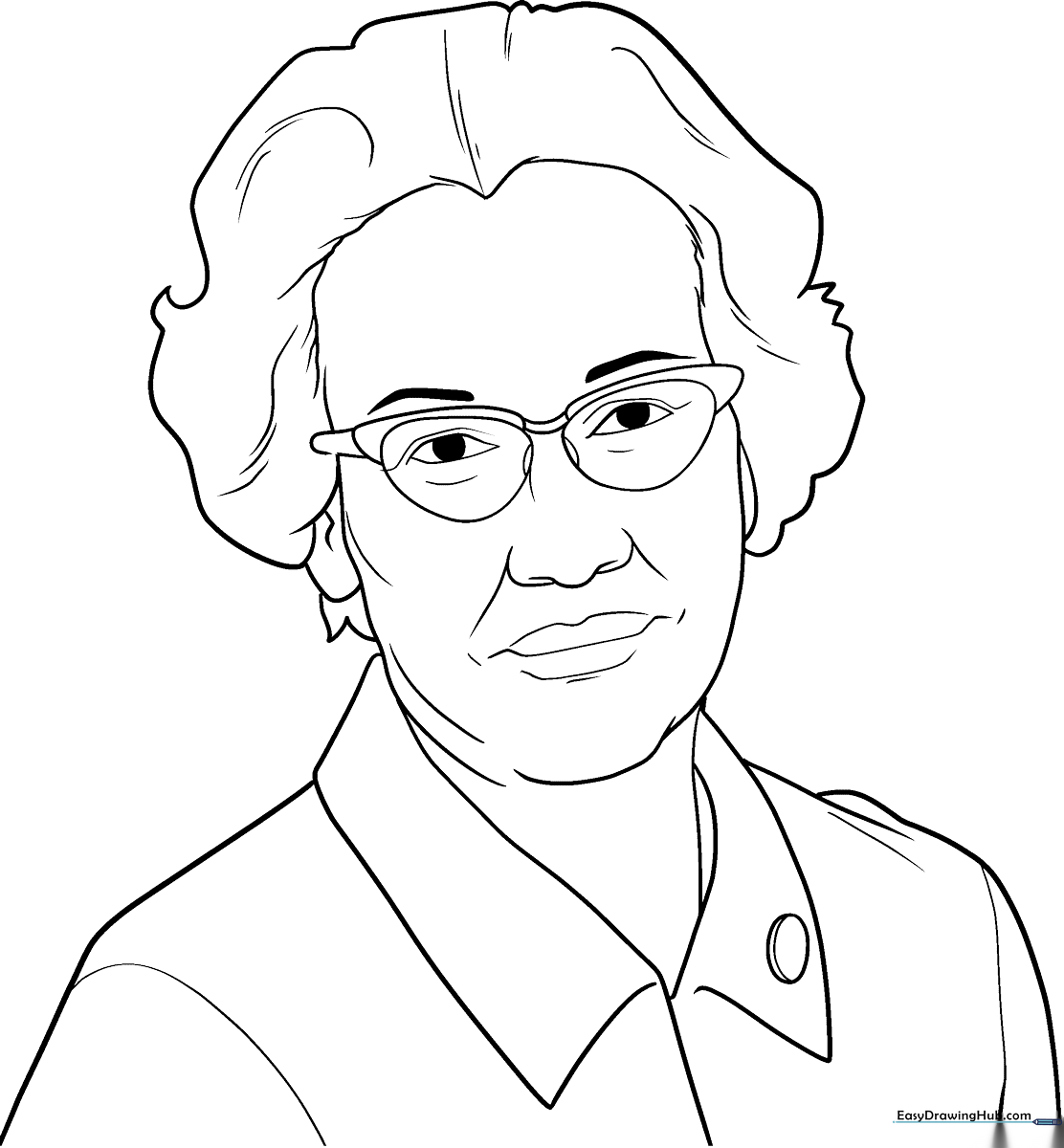 Detailed line art illustration of Katherine Johnson for coloring, featuring her professional attire and a friendly expression suitable for educational projects.