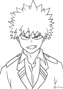 Black and white line art of Katsuki Bakugo from My Hero Academia in a dynamic pose, ready for coloring with markers or pencils.