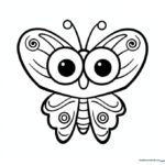 A cute Kawaii butterfly with large, expressive eyes and simple wing patterns, designed as a clean-line coloring activity for children.