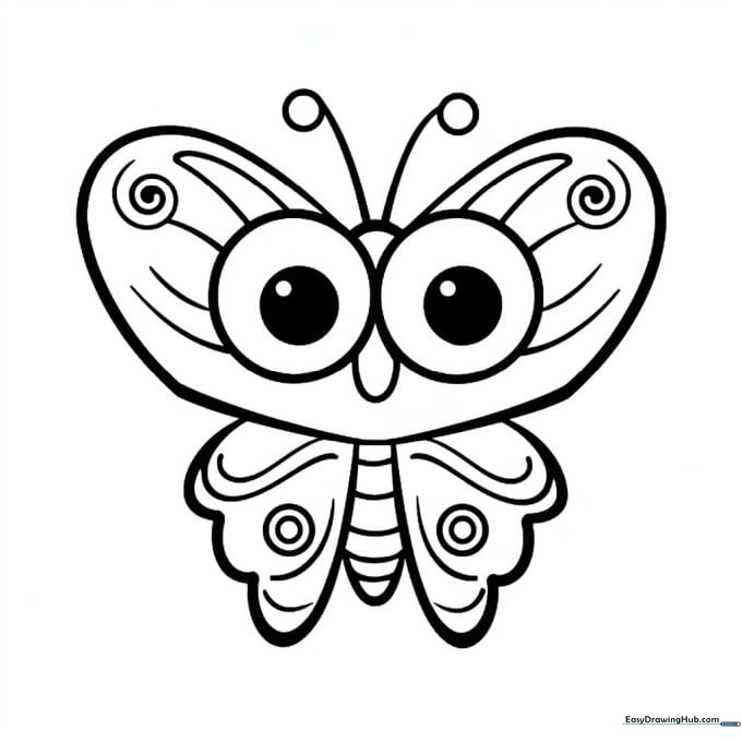 A cute Kawaii butterfly with large, expressive eyes and simple wing patterns, designed as a clean-line coloring activity for children.