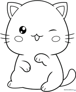 Black and white line art of a cute Kawaii cat with large expressive eyes, perfect for children to practice coloring and fine motor control.