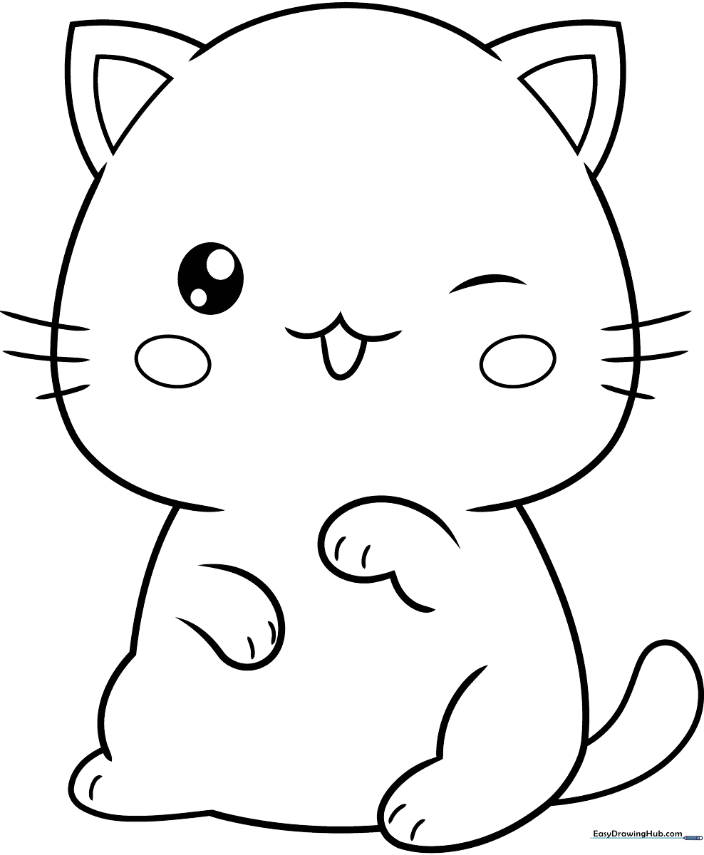 Black and white line art of a cute Kawaii cat with large expressive eyes, perfect for children to practice coloring and fine motor control.