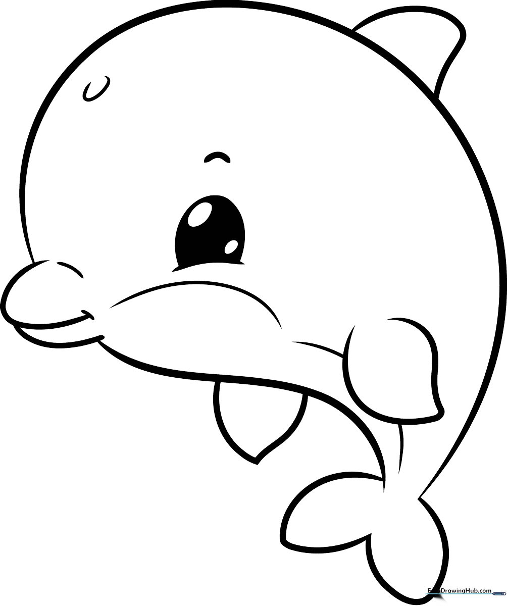 A cute Kawaii-style dolphin with large, expressive eyes and a friendly smile, featuring clean, bold outlines perfect for children to color.