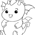 A cute, simple line-art drawing of a baby dragon with large expressive eyes and small wings, ready for children to color.