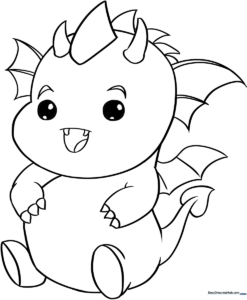 A cute, simple line-art drawing of a baby dragon with large expressive eyes and small wings, ready for children to color.