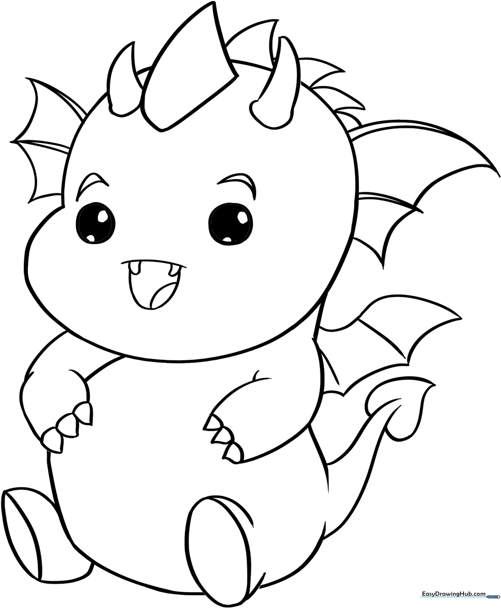 A cute, simple line-art drawing of a baby dragon with large expressive eyes and small wings, ready for children to color.
