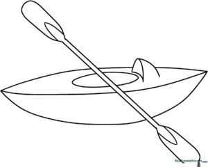 Black and white line art of a single-person kayak with a paddle, designed for children to color.