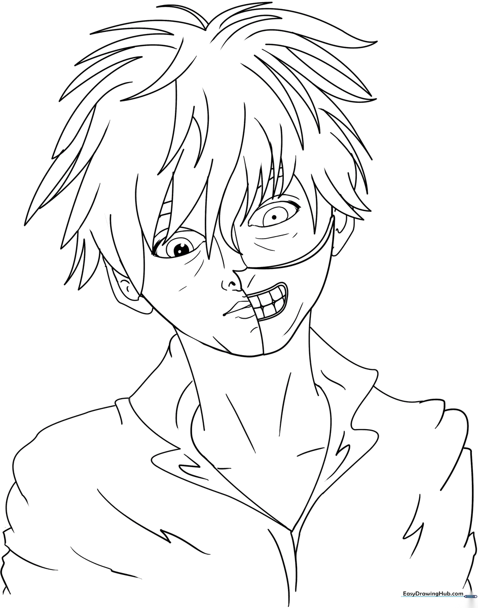 Detailed line art of Ken Kaneki from Tokyo Ghoul, featuring his iconic mask and hair, ready for coloring with markers or pencils.