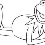 Black and white line art of Kermit the Frog standing with a friendly smile, designed for children to color with markers or crayons.