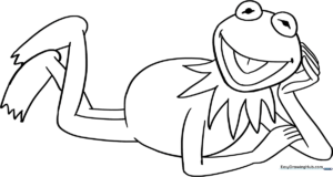 Black and white line art of Kermit the Frog standing with a friendly smile, designed for children to color with markers or crayons.