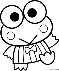 Black and white line art of Keroppi the frog from Sanrio, featuring his signature large eyes and wide smile, ready for coloring.