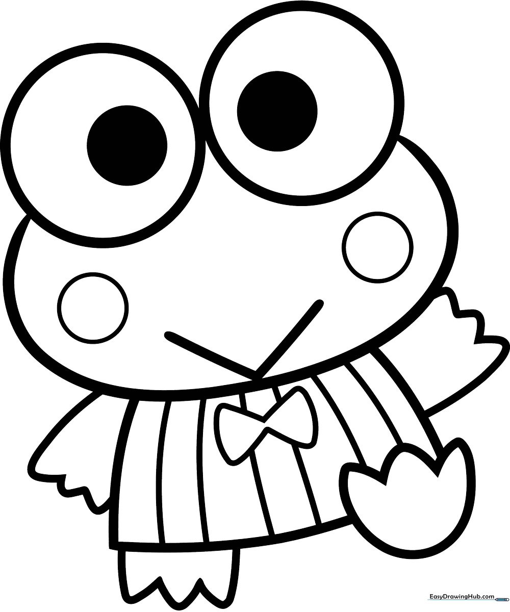 Black and white line art of Keroppi the frog from Sanrio, featuring his signature large eyes and wide smile, ready for coloring.