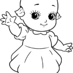 Black and white line art of a classic Kewpie doll with large expressive eyes and a signature top-knot hairstyle, ready for coloring.