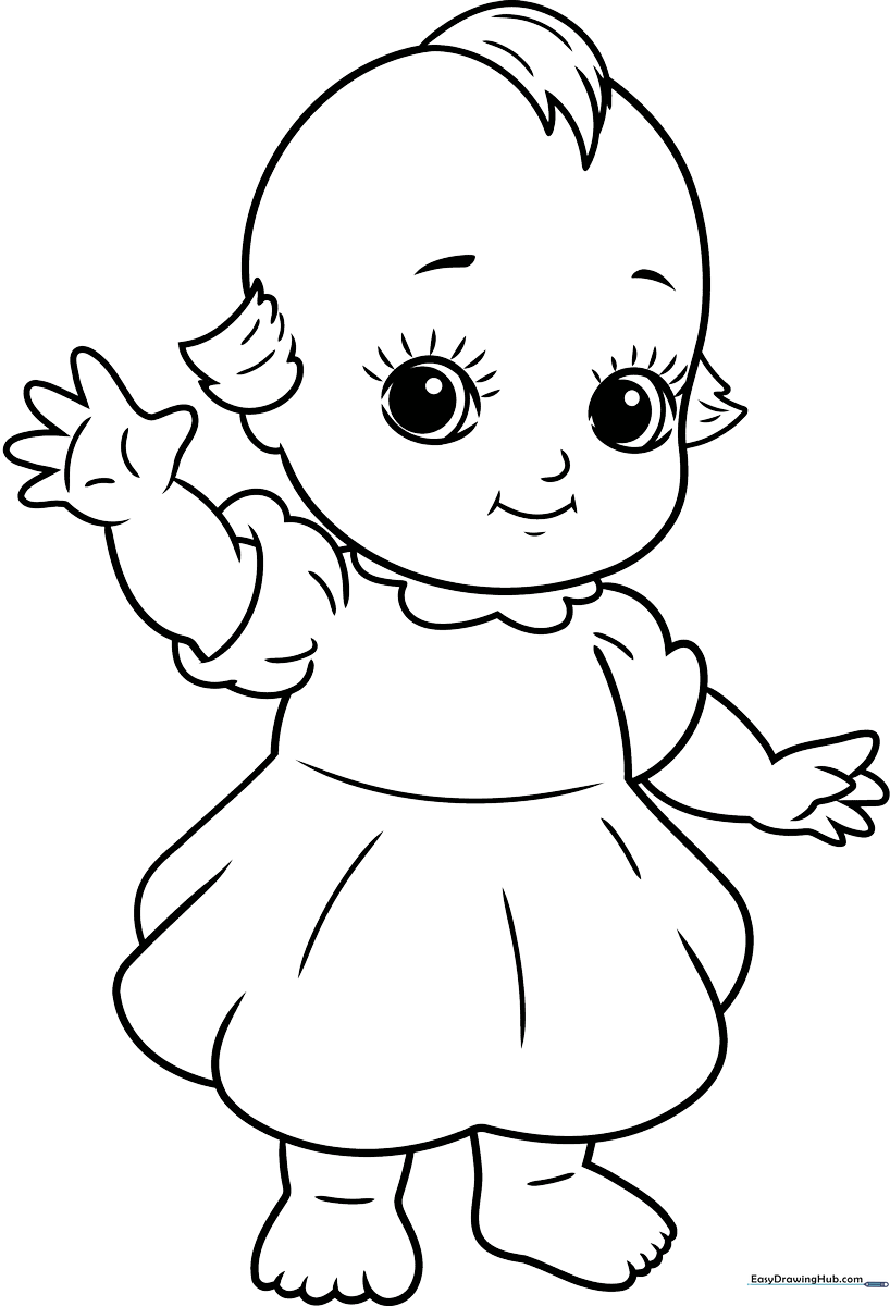 Black and white line art of a classic Kewpie doll with large expressive eyes and a signature top-knot hairstyle, ready for coloring.