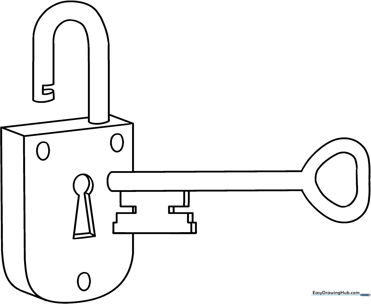 Black and white line art of a vintage-style key and a sturdy padlock, designed for children to color with clear, thick outlines.