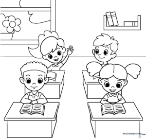 Line art illustration of two students sitting at a school desk with books, designed for children to color and practice fine motor skills.