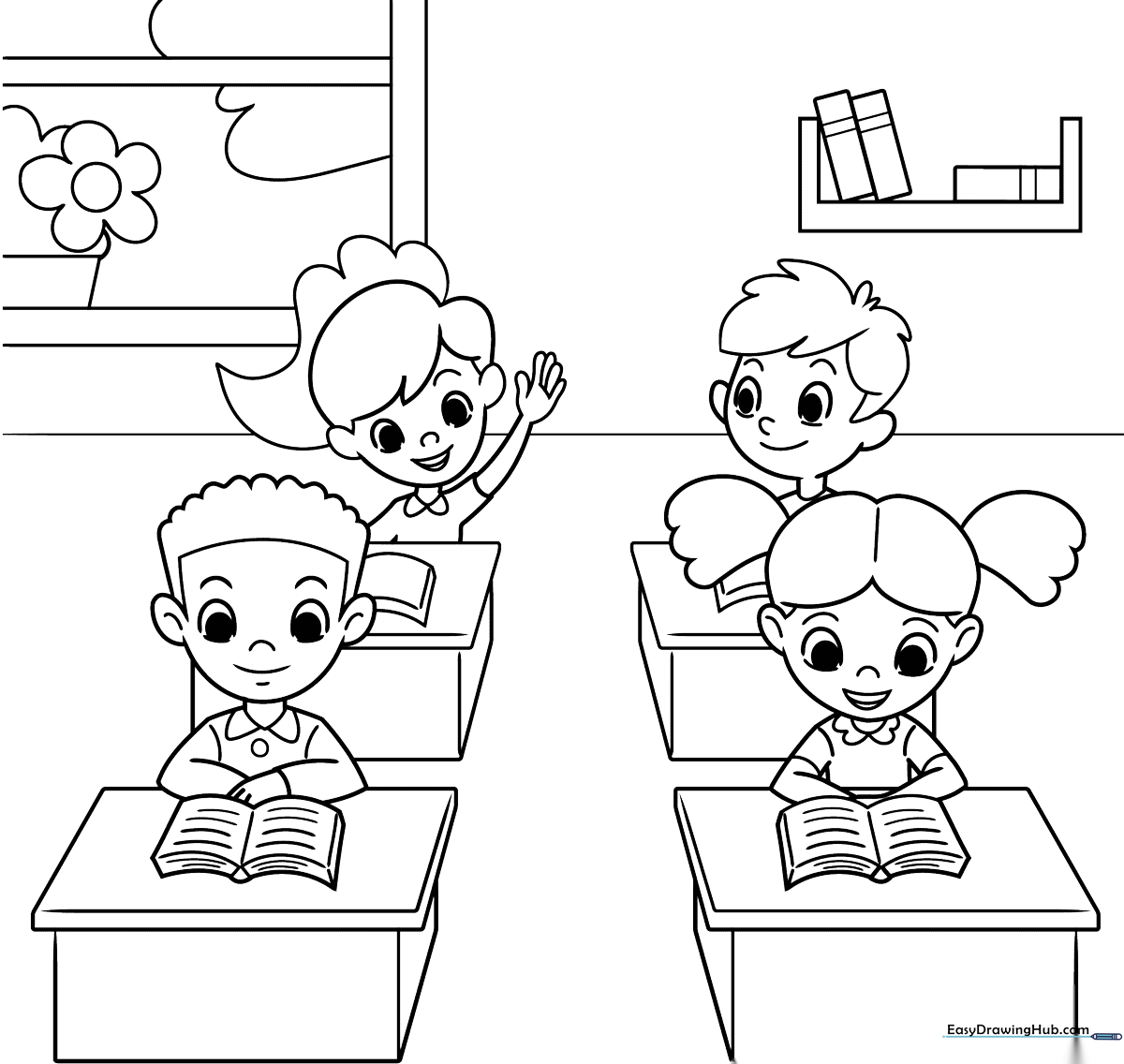 Line art illustration of two students sitting at a school desk with books, designed for children to color and practice fine motor skills.