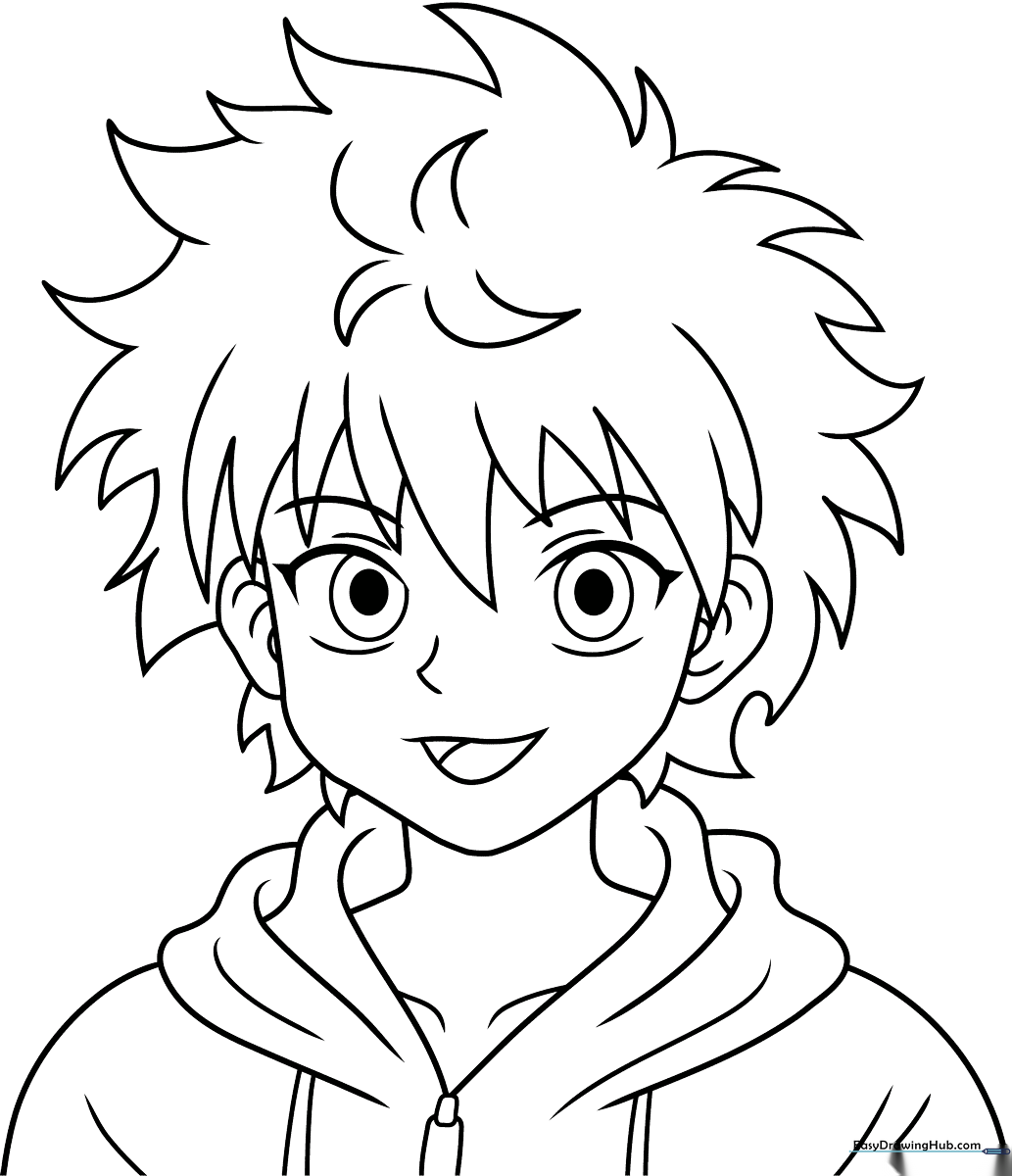 Black and white line art of Killua Zoldyck from Hunter x Hunter, featuring his signature spiky hair and casual outfit, ready for coloring.