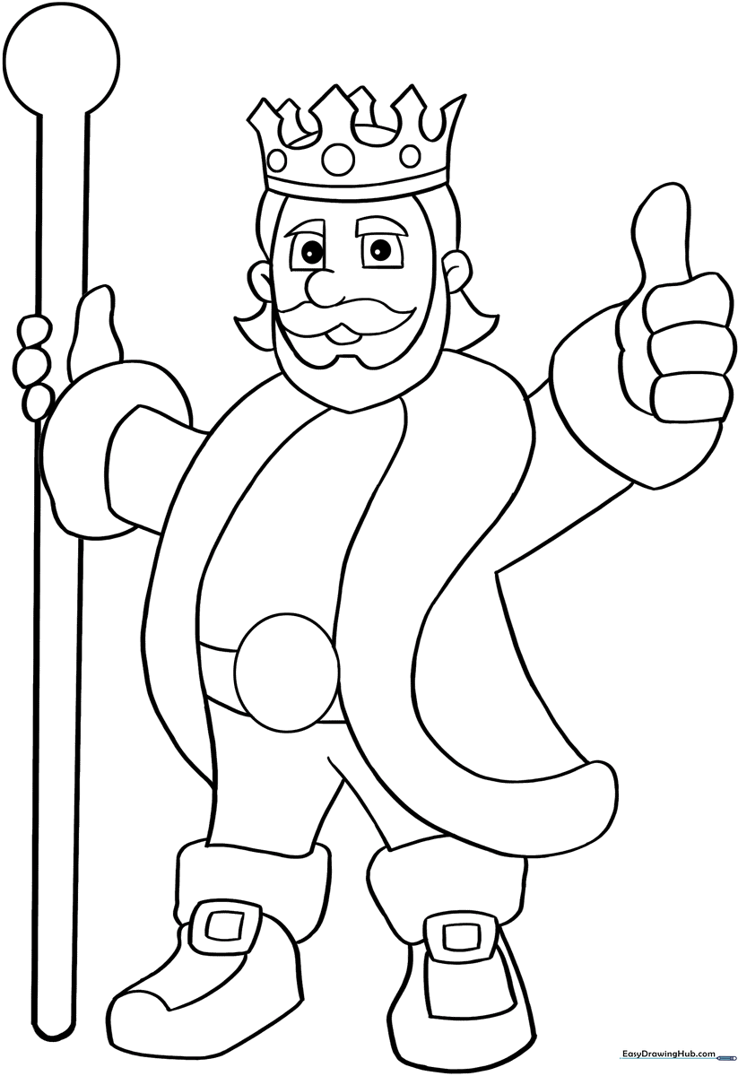 A friendly cartoon king wearing a large crown and royal robes, featuring thick, clear outlines perfect for young children to color.
