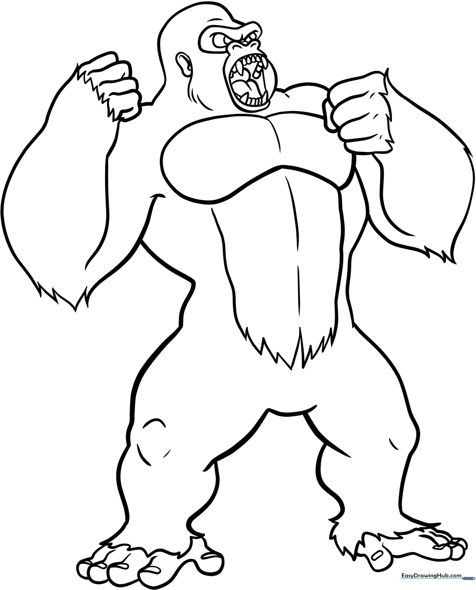 Black and white line art of King Kong standing in a powerful pose, featuring clear outlines for easy coloring by children.