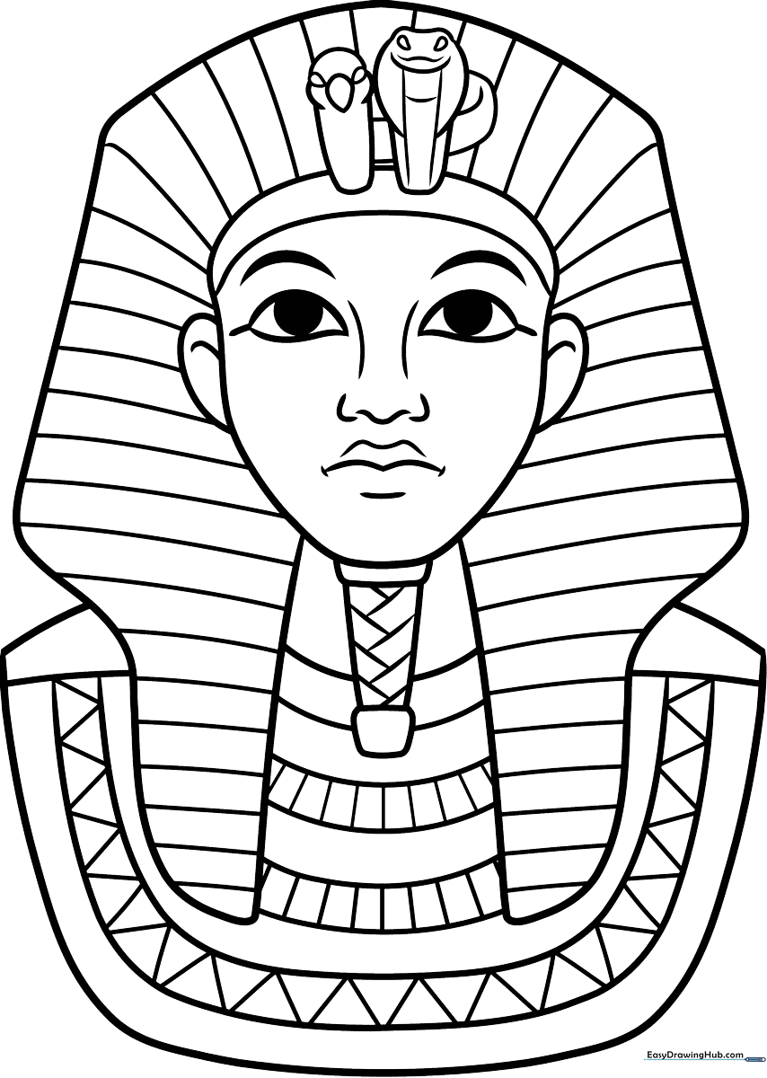 Black and white line art of King Tut wearing a traditional nemes headdress and broad collar, ready for coloring.
