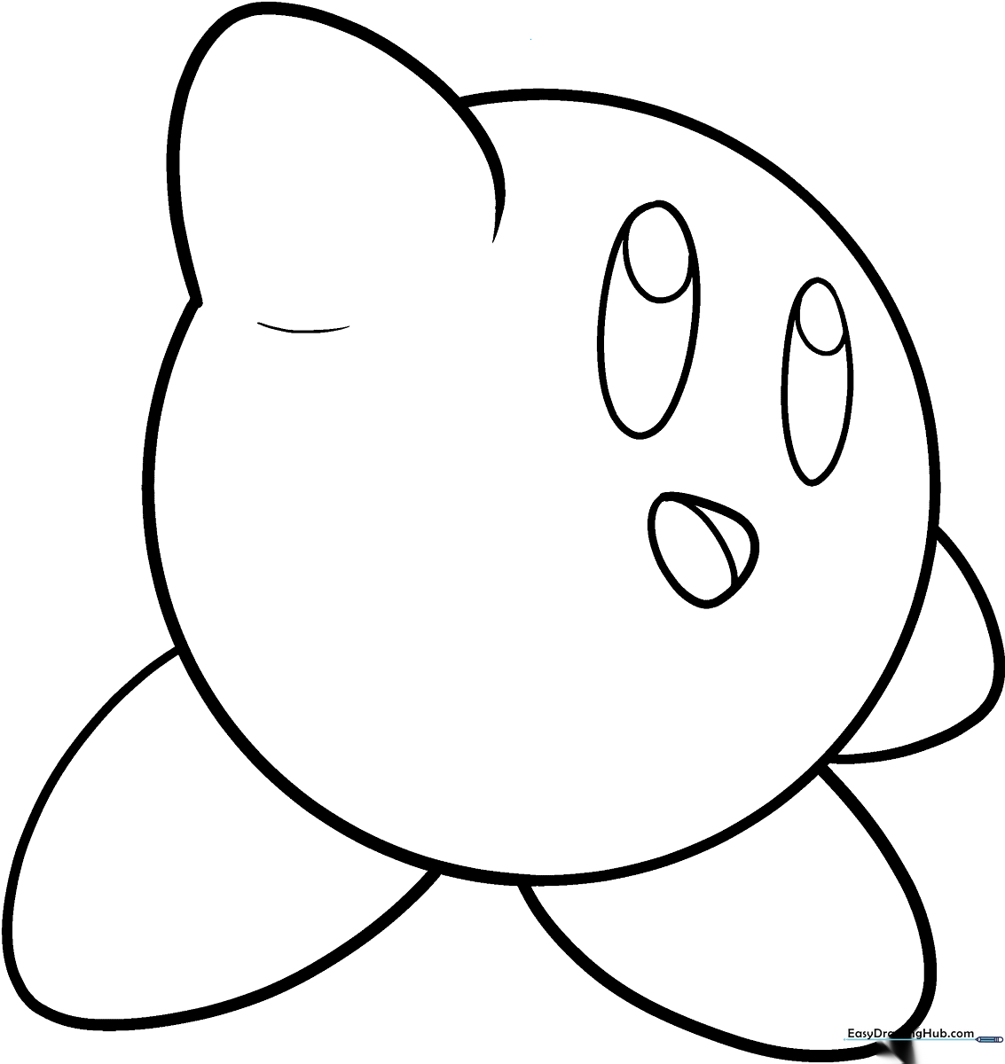 Clean line art of Kirby with his signature round body and cheerful expression, ready for coloring.