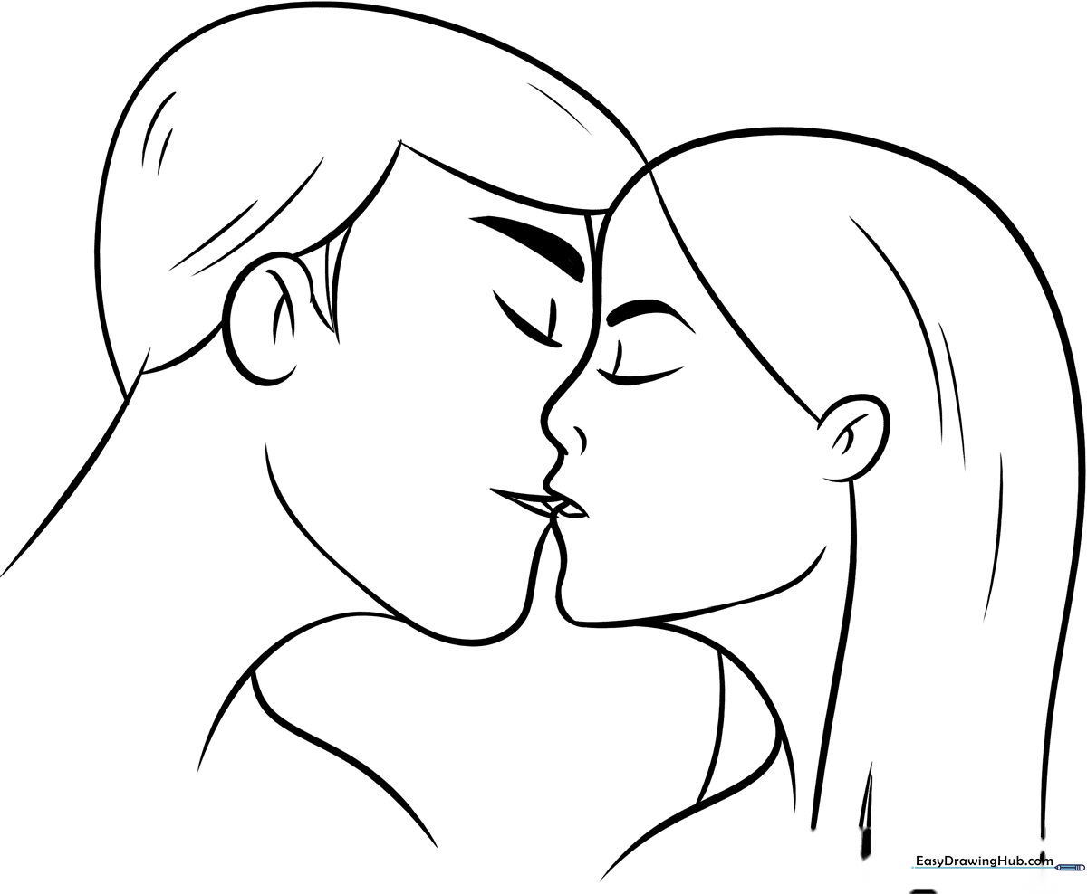 Black and white line art of two cartoon characters sharing a kiss, featuring clear outlines for easy coloring by children.