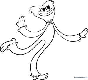 Black and white line art of Kissy Missy character with large eyes and a friendly smile, ready for coloring.