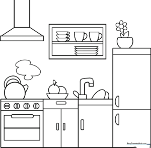Line art illustration of a home kitchen featuring cabinets, a stove, and counters, ready for children to color.
