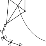 A clean, black-and-white line art illustration of a diamond-shaped kite with a long, flowing tail and decorative bows, designed for children to color.