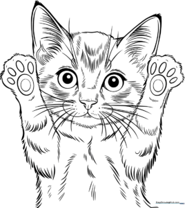 A friendly cartoon kitten sitting and waving with one paw, featuring bold outlines perfect for young children to color.