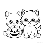 Two playful kittens peeking over a large round pumpkin, outlined in clean black lines for easy coloring by children.
