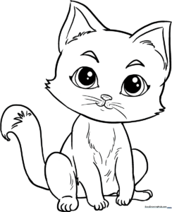 Simple line art of a sitting kitten with large expressive eyes for children to color