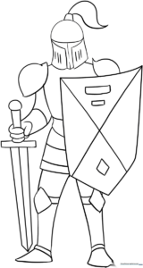Black and white line art of a medieval knight in full armor, featuring bold outlines for easy coloring by children.