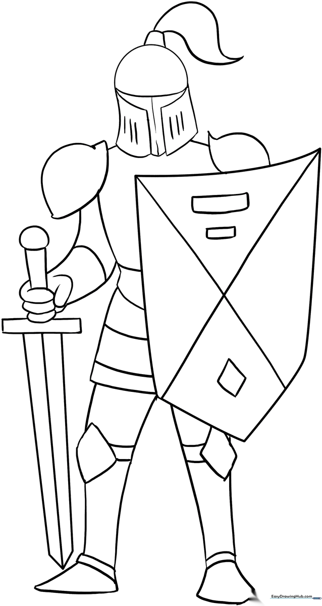 Black and white line art of a medieval knight in full armor, featuring bold outlines for easy coloring by children.