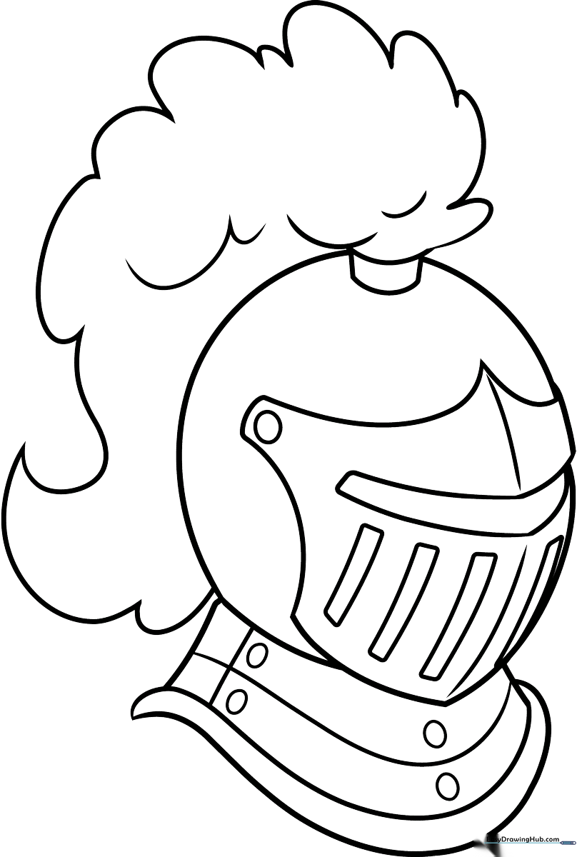 Black and white line art of a classic medieval knight helmet with a protective visor, ready for children to color.