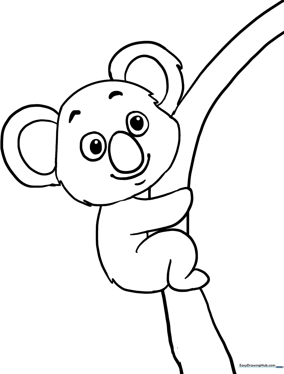 A friendly, simple koala line drawing with large, easy-to-color sections, perfect for young children practicing pencil control.