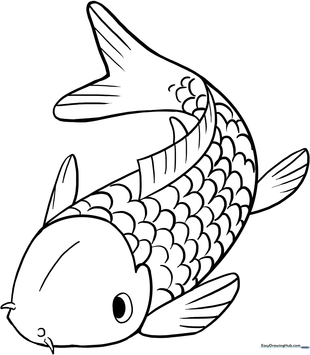 Black and white line art of a swimming koi fish with detailed scales and flowing fins, designed for children to color.