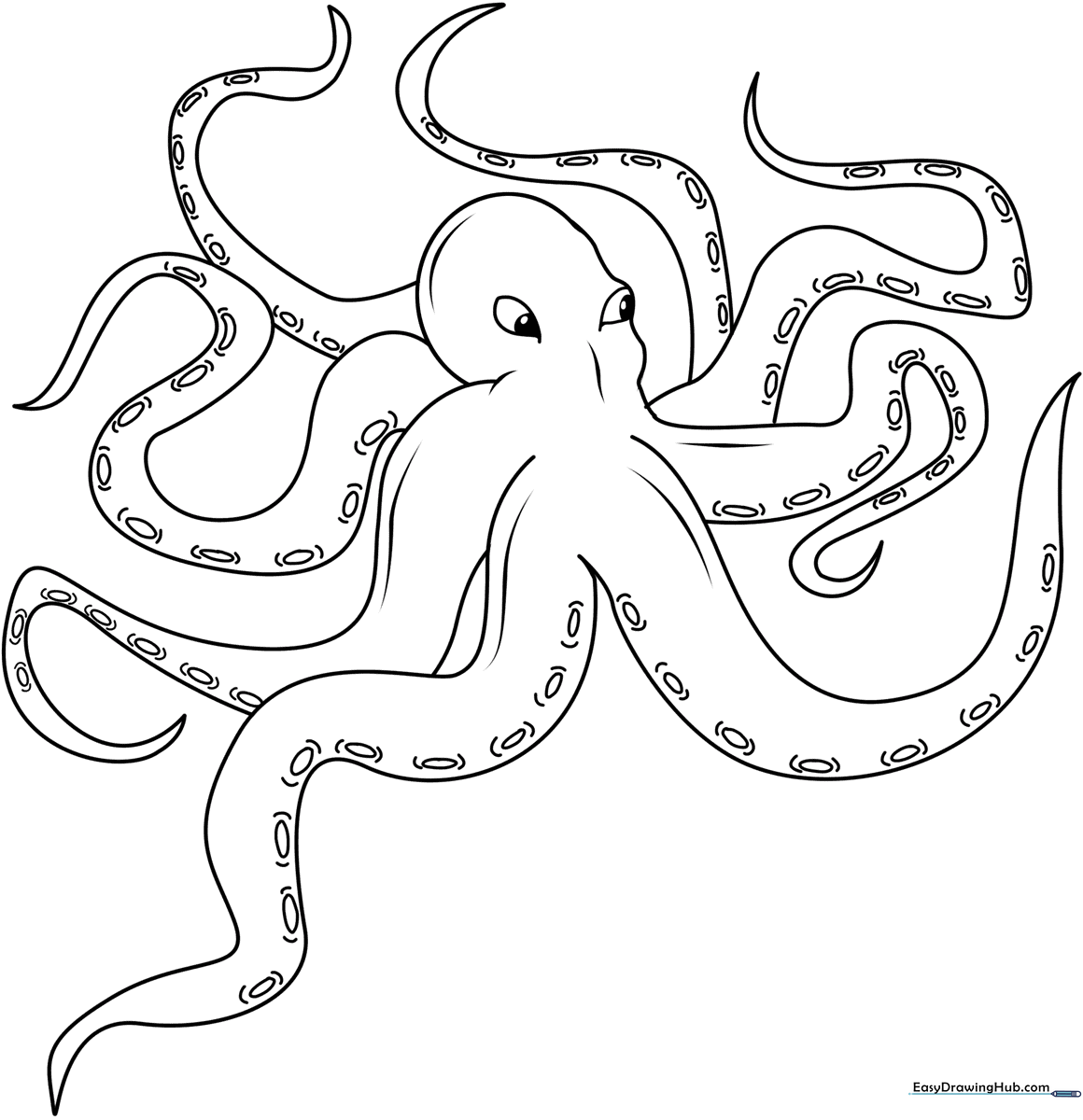Black and white line art of a friendly cartoon Kraken with curled tentacles and large eyes, ready for coloring.