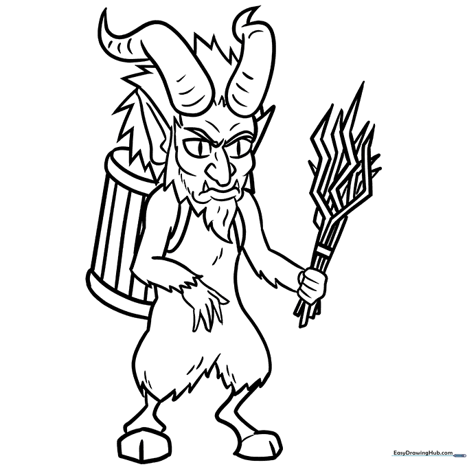 Black and white line art of Krampus character with horns and fur, designed for children to color with markers or crayons.