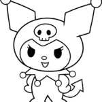 Black and white line art of Kuromi from Sanrio, featuring her iconic jester hat with a skull emblem, perfect for children to color.