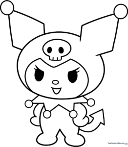 Black and white line art of Kuromi from Sanrio, featuring her iconic jester hat with a skull emblem, perfect for children to color.